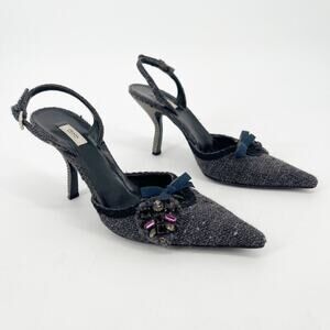 Vintage Prada Gray Tweed Crystal Bow Detail Slingback Pointed Toe Heels IT 38.5